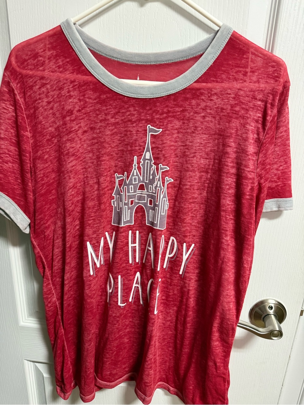 Disney Red Heather Crewneck Tee with Light Gray Trim